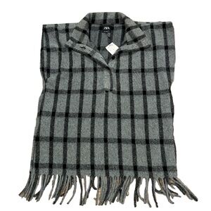 Zara Gray Plaid Poncho wearable blanket fringe new with tags size large